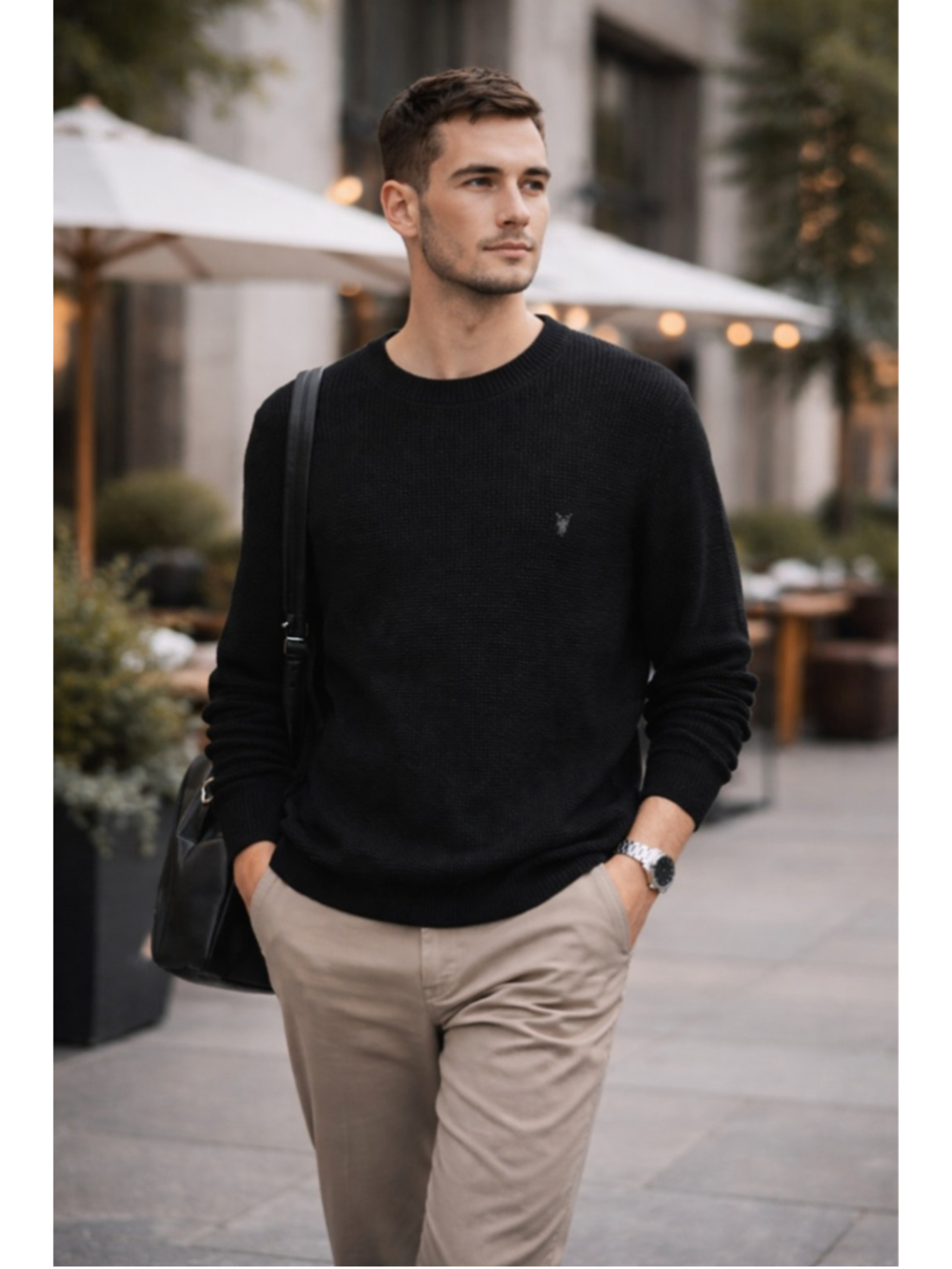 AllSaints Sweater Men's M Waffle Knit Ramskull Minimalist Casual Luxury Black